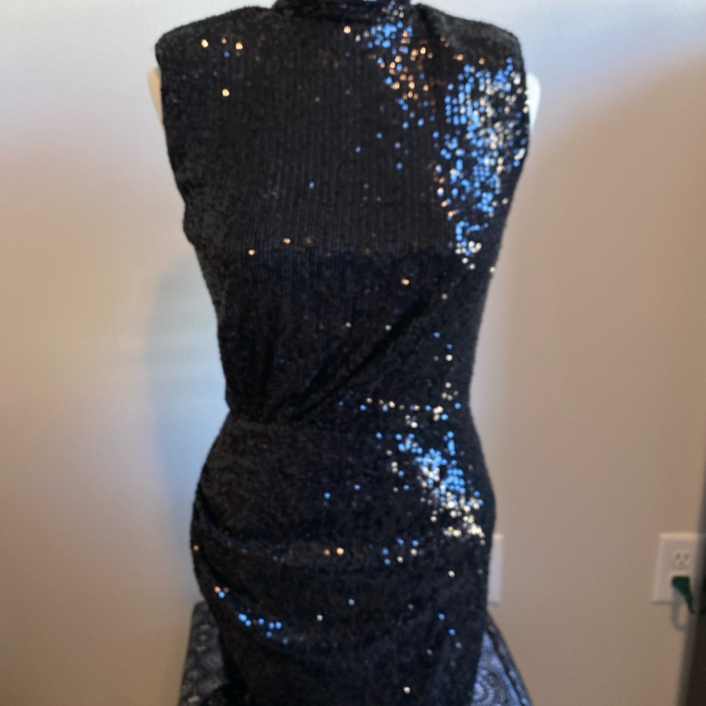 Express Black Backless Sheath Dress with Sleeveless Design and Mock Neck